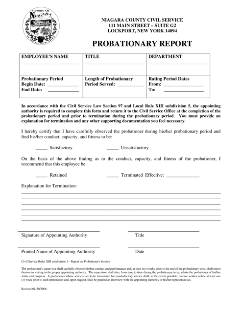 Probationary Report for Civil Divisions - Niagara County, New York