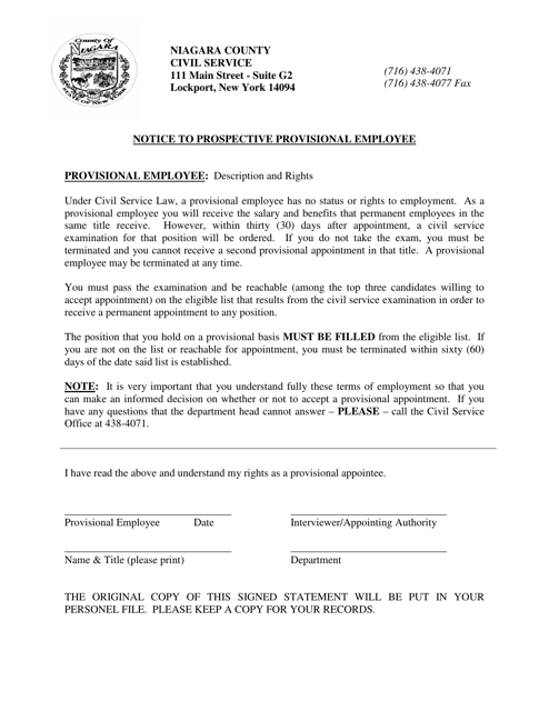 Notice to Prospective Provisional Employee - Niagara County, New York Download Pdf