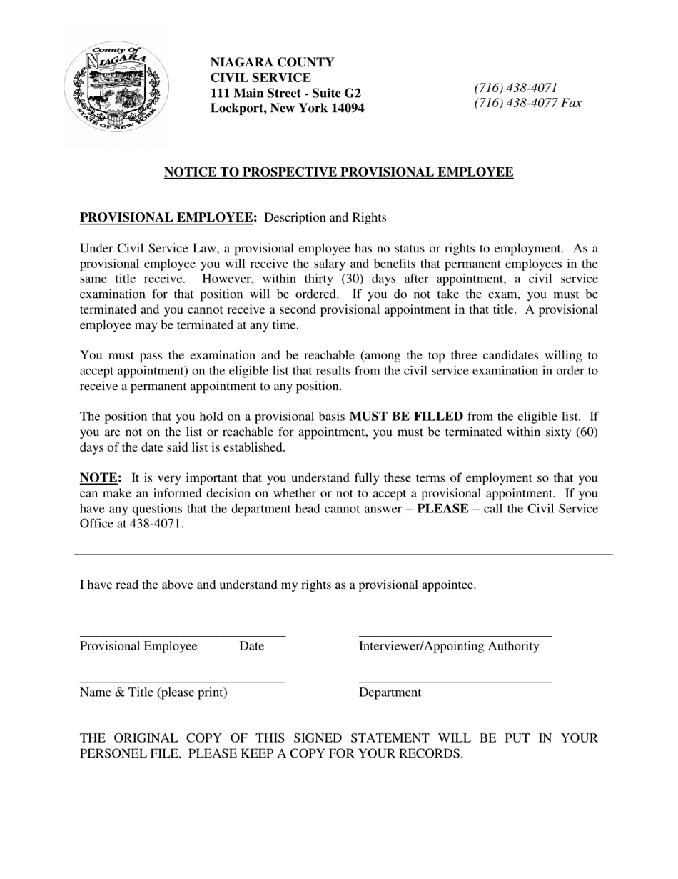 Notice to Prospective Provisional Employee - Niagara County, New York, Page 1