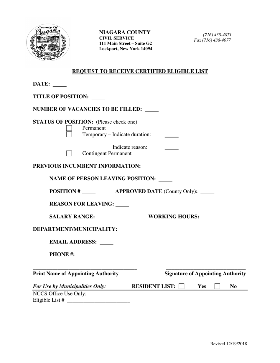 Request to Receive Certified Eligible List - Niagara County, New York, Page 1
