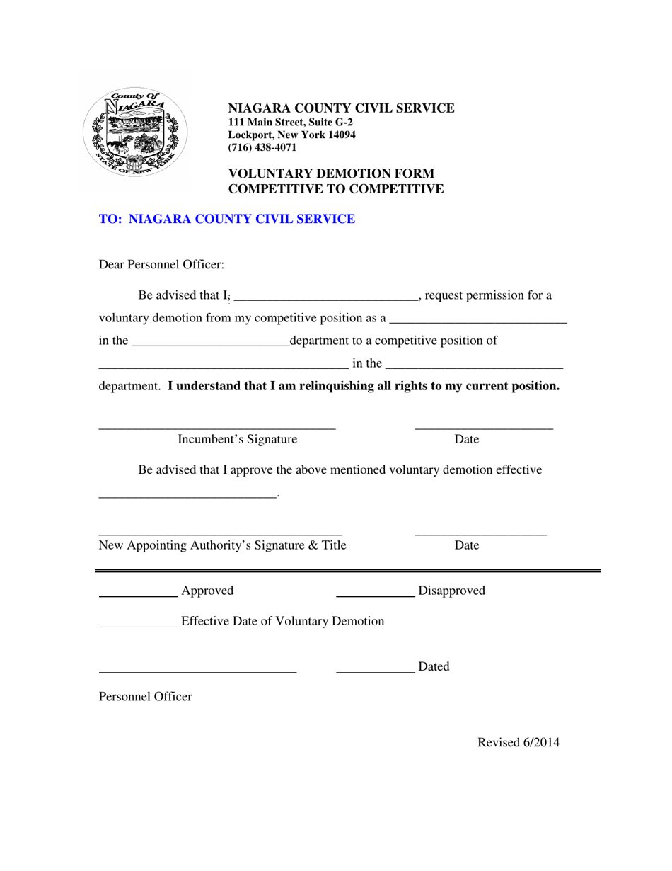 Voluntary Demotion Form - Competitive to Competitive - Niagara County, New York, Page 1