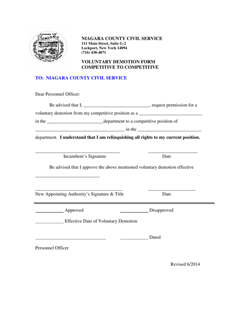 Voluntary Demotion Form - Competitive to Competitive - Niagara County, New York Download Pdf