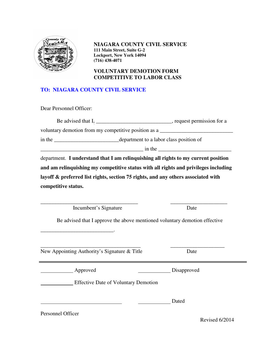 Voluntary Demotion Form - Competitive to Labor Class - Niagara County, New York, Page 1