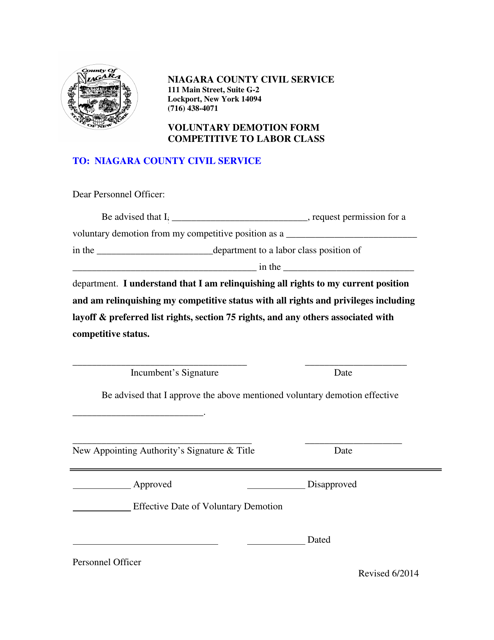 Voluntary Demotion Form - Competitive to Labor Class - Niagara County, New York Download Pdf