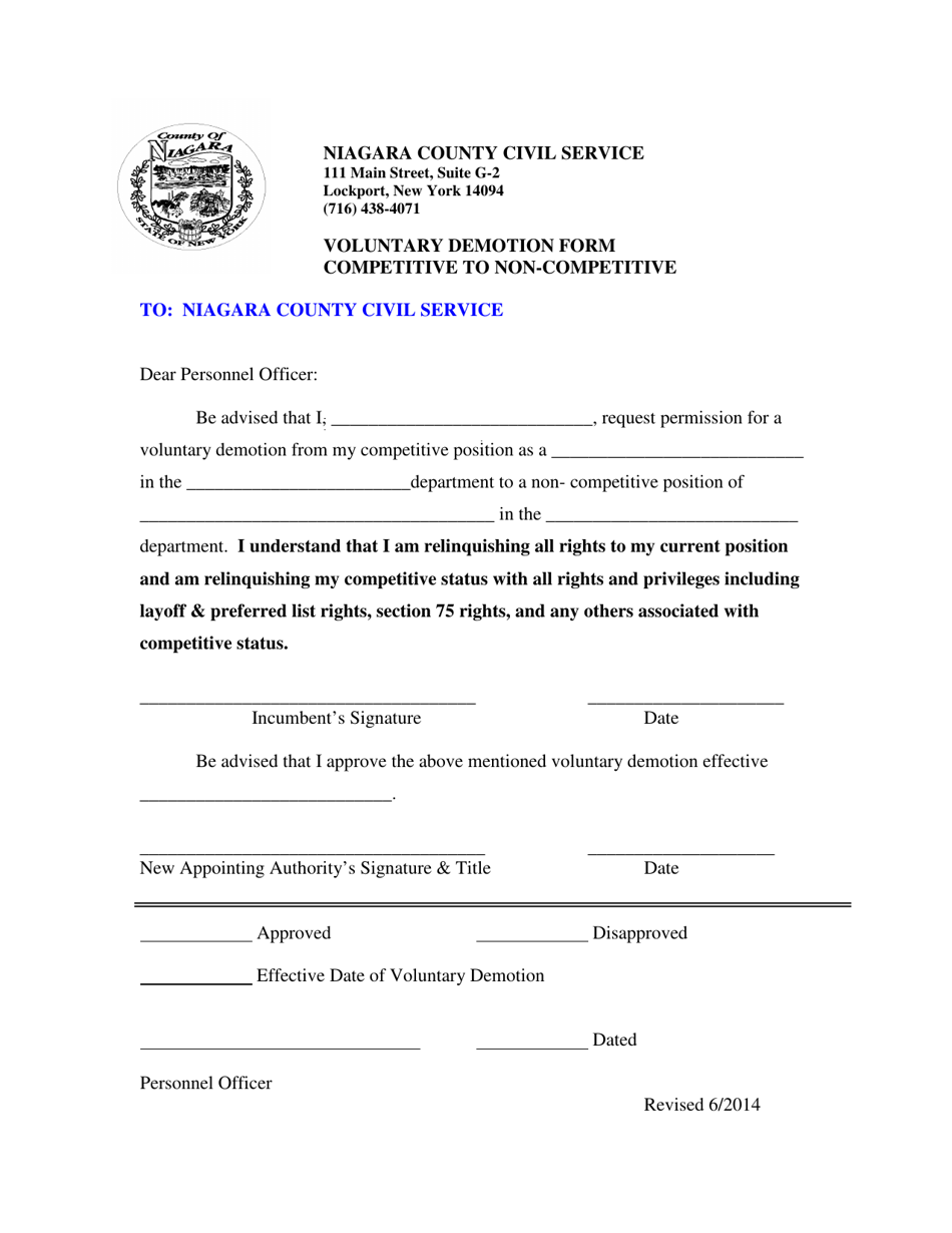 Voluntary Demotion Form - Competitive to Non-competitive - Niagara County, New York, Page 1