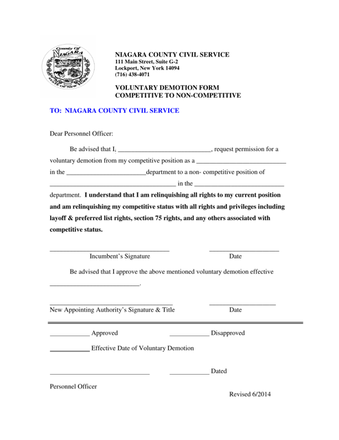 Voluntary Demotion Form - Competitive to Non-competitive - Niagara County, New York Download Pdf