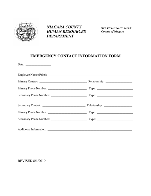 &quot;Emergency Contact Information Form&quot; - Niagara County, New York Download Pdf