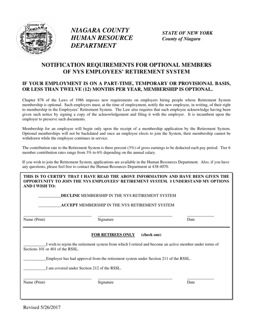Notification Requirements for Optional Members of NYS Employees' Retirement System - Niagara County, New York