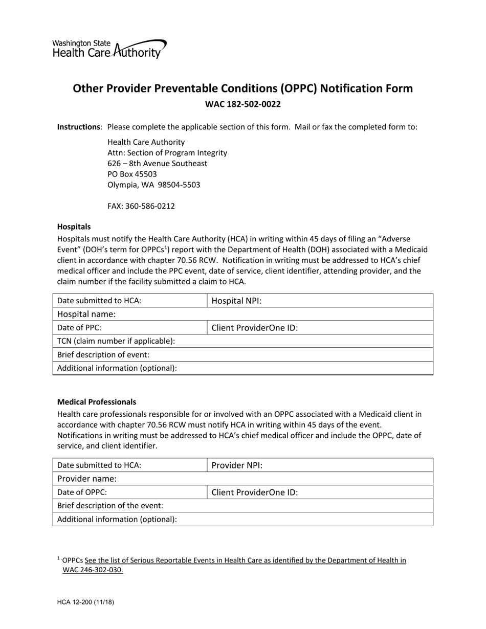 Form HCA12-200 Other Provider Preventable Conditions (Oppc) Notification Form - Washington, Page 1