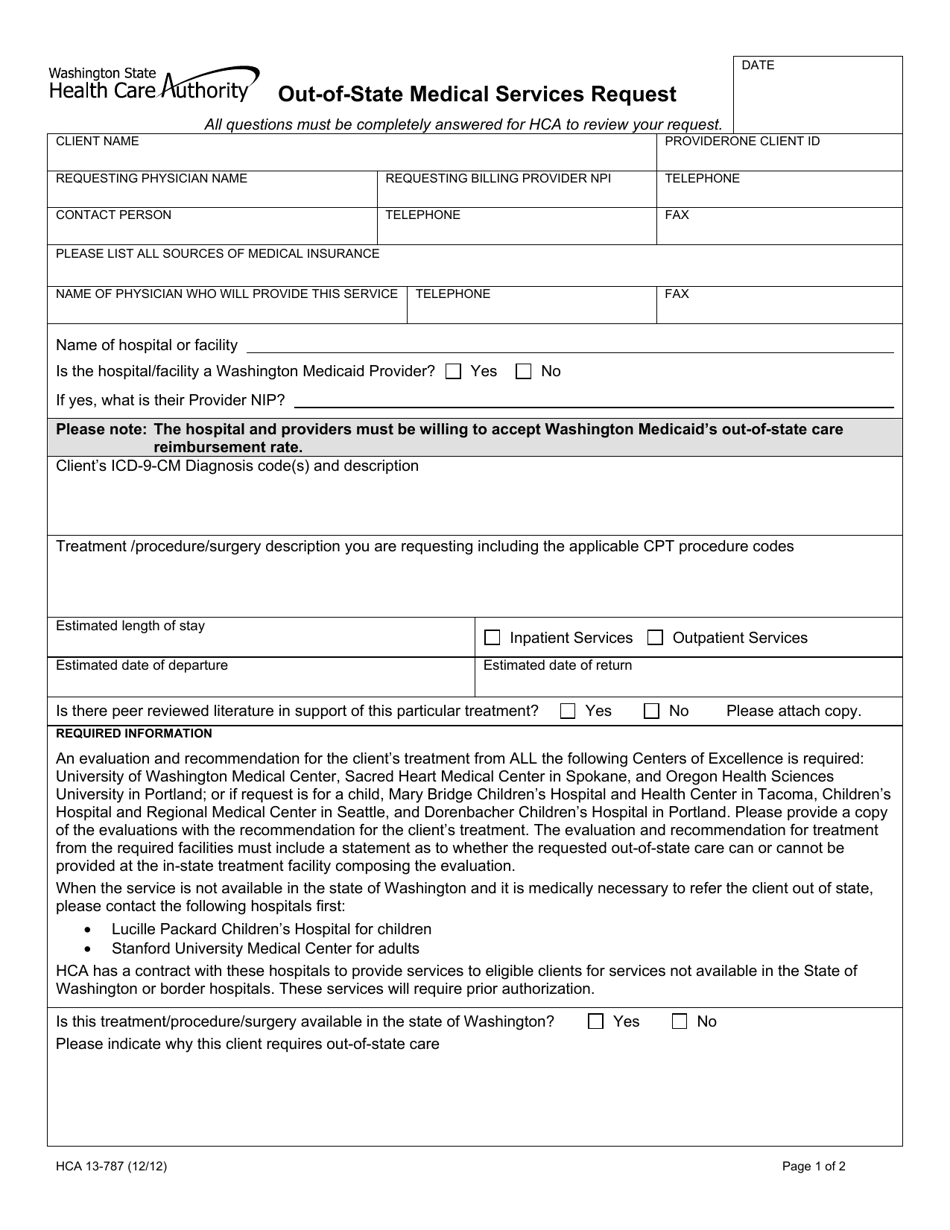 Form HCA13-787 Out-of-State Medical Services Request - Washington, Page 1