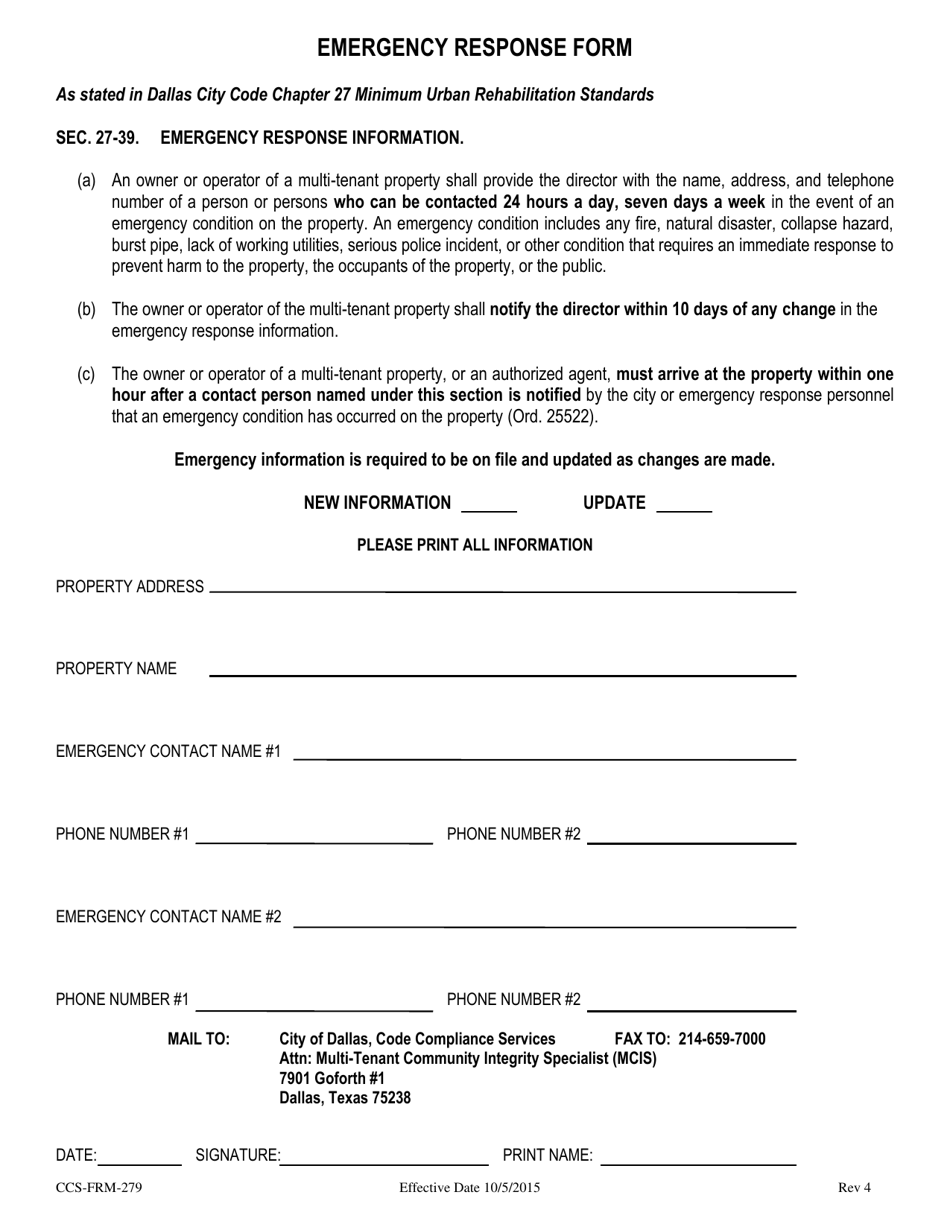 Form CCS-FRM-279 Emergency Response Form - City of Dallas, Texas, Page 1