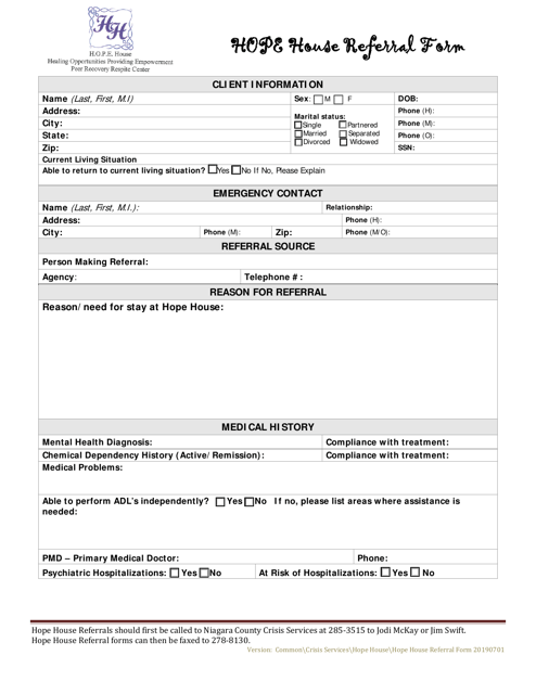 Hope House Referral Form - Niagara County, New York Download Pdf