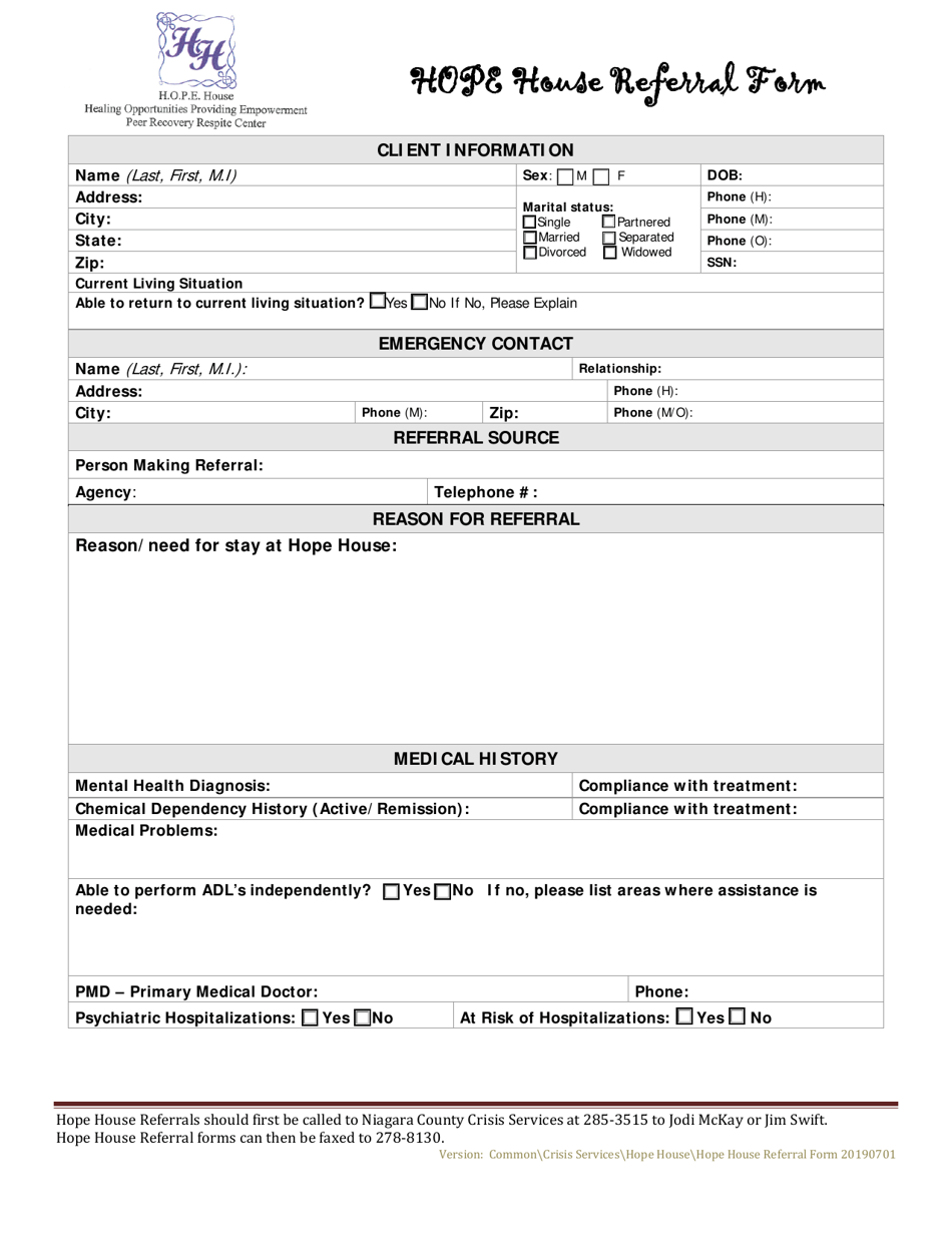 Niagara County, New York Hope House Referral Form - Fill Out, Sign ...