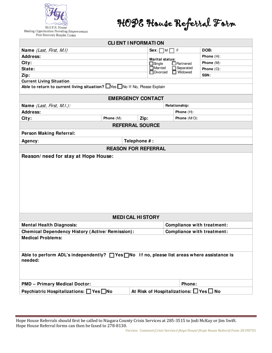 Hope House Referral Form - Niagara County, New York, Page 1