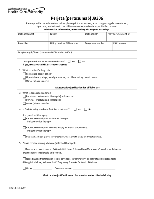 Form HCA13-916 Perjeta (Pertuzumab) J9306 - Washington