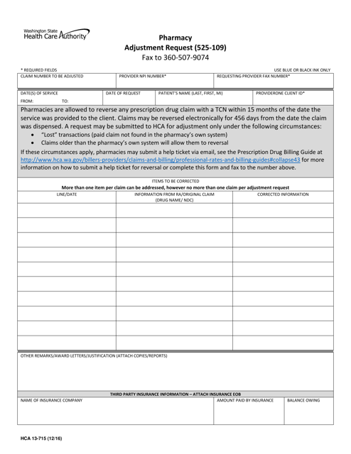 Form HCA13-175 Pharmacy Adjustment Request (525-109) - Washington