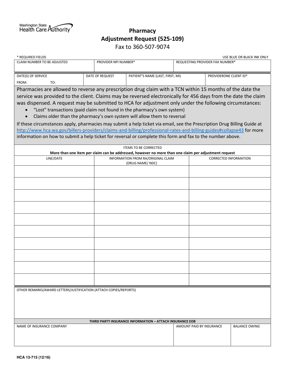 Form HCA13-175 Pharmacy Adjustment Request (525-109) - Washington, Page 1