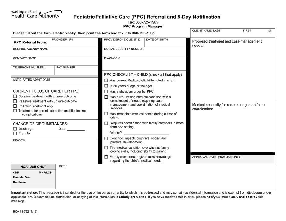Form HCA13-752 Pediatric Palliative Care (Ppc) Referral and 5-day Notification - Washington, Page 1