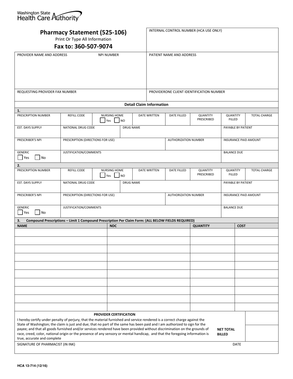 Form HCA13-714 Pharmacy Statement (525-106) - Washington, Page 1