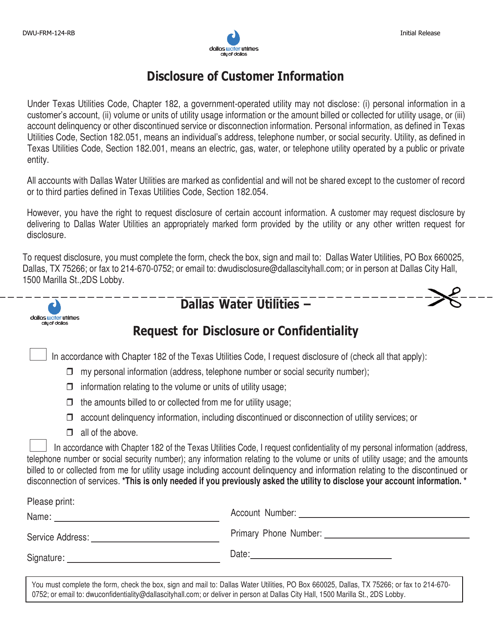 Form DWU-FRM-124-RB Request for Disclosure or Confidentiality - City of Dallas, Texas
