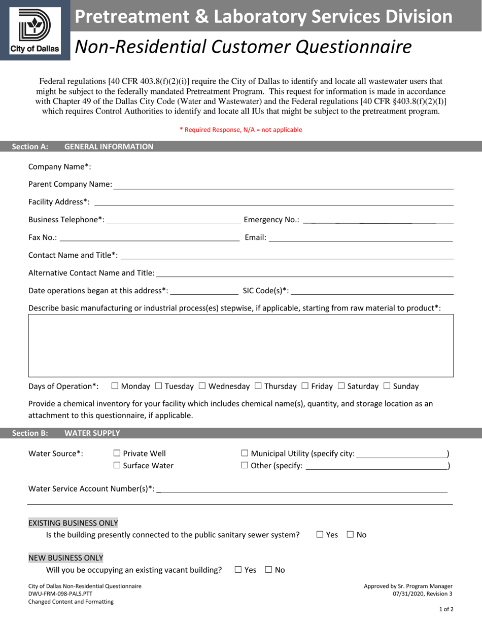 Form DWU-FRM-098-PALS.PTT Non-residential Customer Questionnaire - City of Dallas, Texas, Page 1