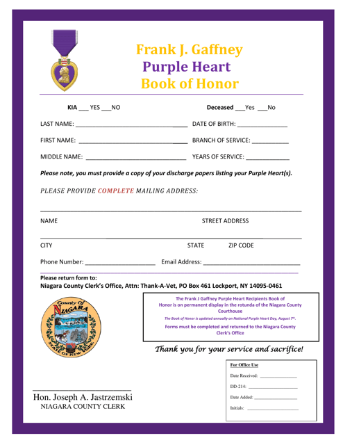 Frank J. Gaffney Purple Heart Recipient Form - Niagara County, New York