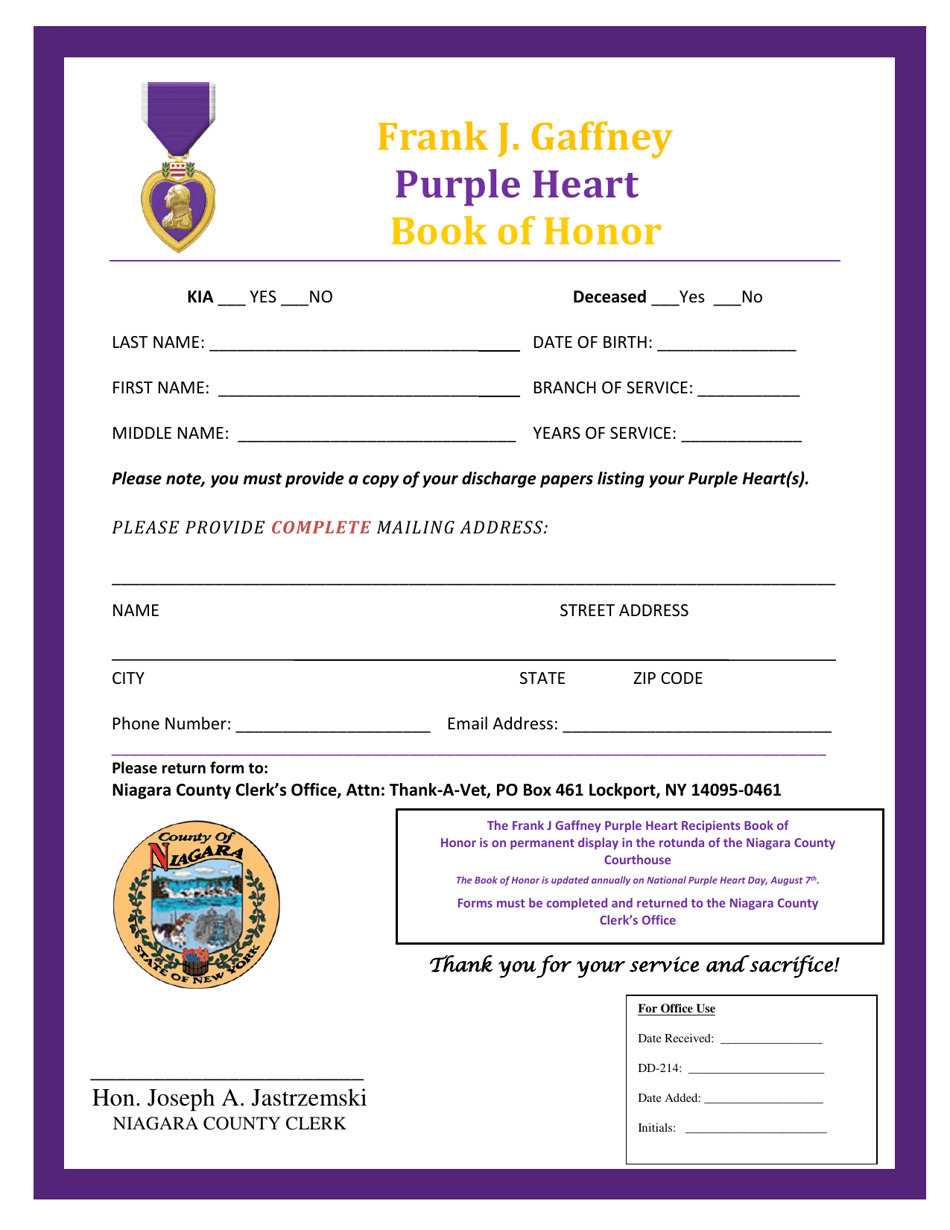 Frank J. Gaffney Purple Heart Recipient Form - Niagara County, New York, Page 1