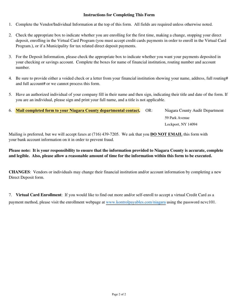 Vendor Direct Deposit Enrollment  Change Form - Niagara County, New York, Page 2
