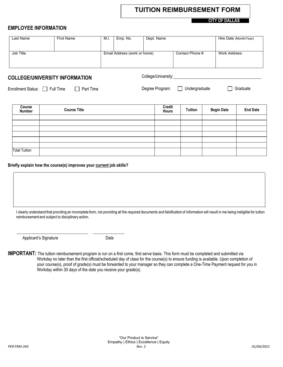 Form PER-FRM-344 Tuition Reimbursement Form - City of Dallas, Texas, Page 1