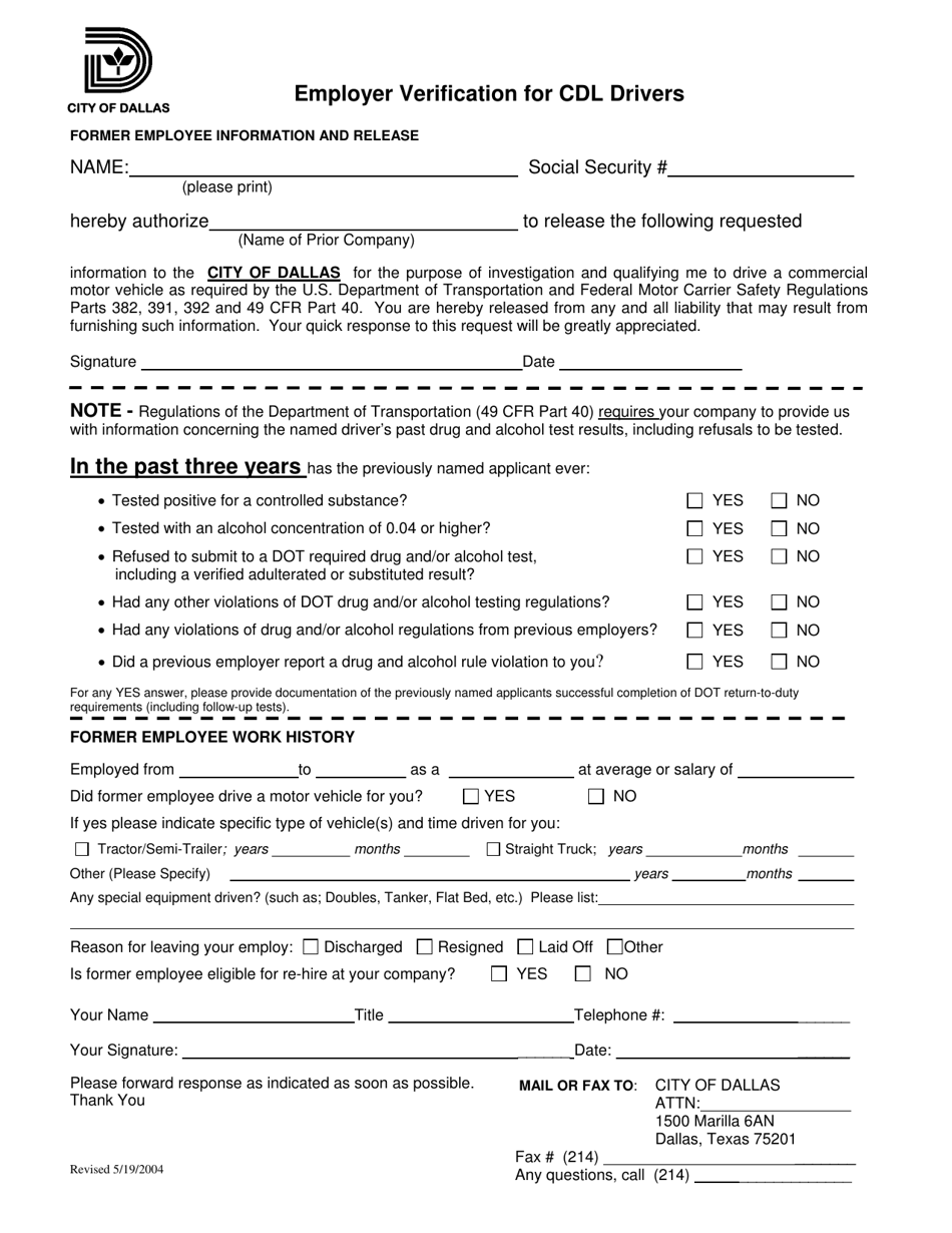 Employer Verification for Cdl Drivers - City of Dallas, Texas, Page 1