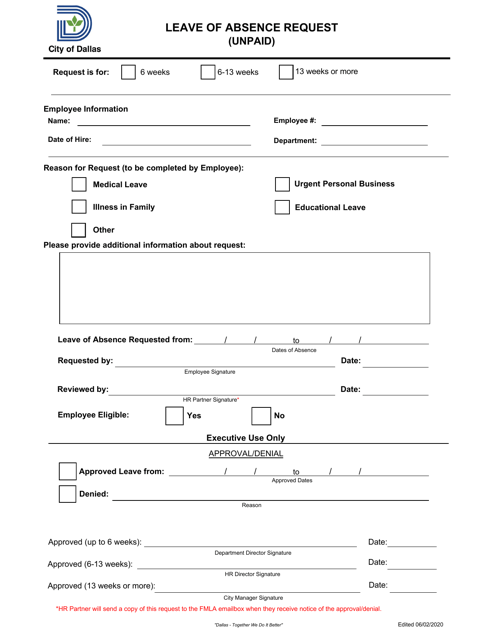 Leave of Absence Request (Unpaid) - City of Dallas, Texas Download Pdf