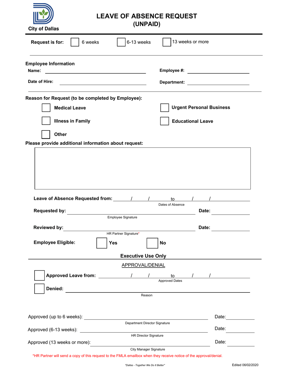 City of Dallas, Texas Leave of Absence Request (Unpaid) - Fill Out ...