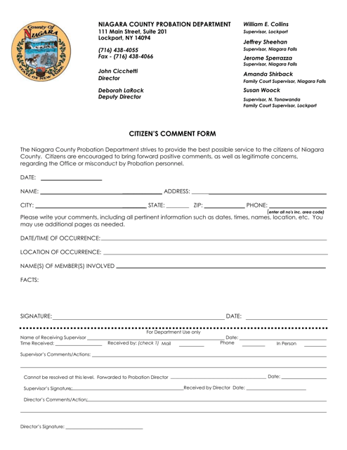 Citizen's Comment Form - Niagara County, New York Download Pdf