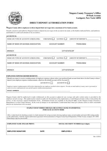 Direct Deposit Authorization Form - Niagara County, New York Download Pdf