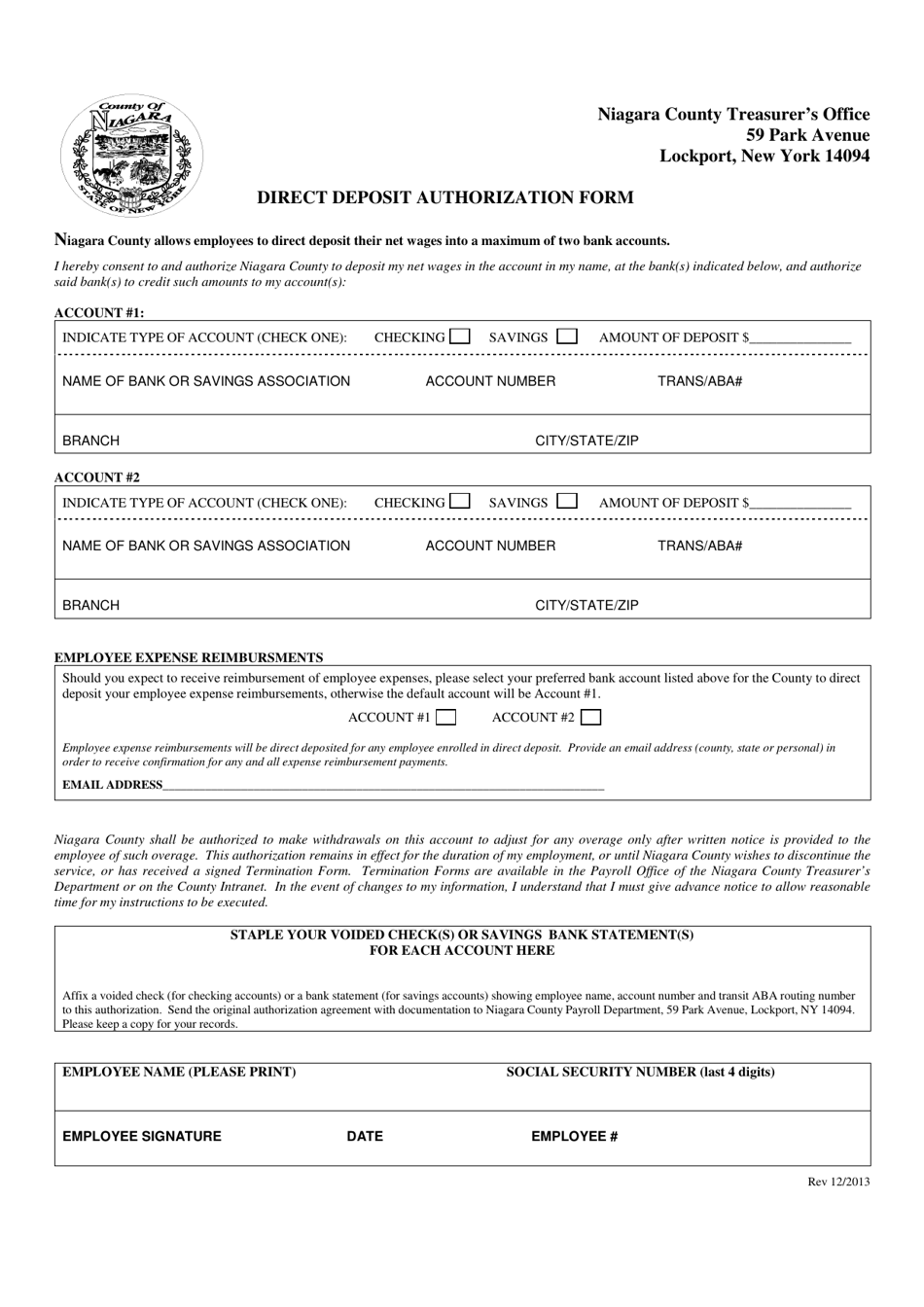 Direct Deposit Authorization Form - Niagara County, New York, Page 1
