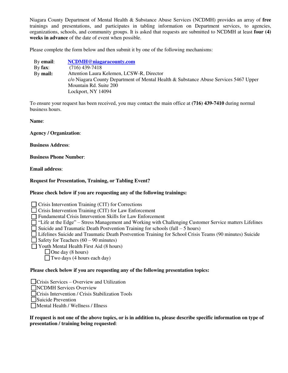 On-Site Education / Training / Presentations / Tabling Request Form - Niagara County, New York, Page 1