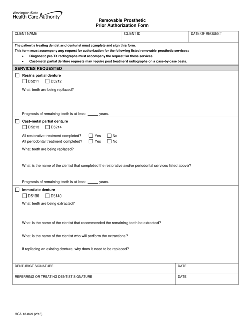 Form HCA13-849 Removable Prosthetic Prior Authorization Form - Washington