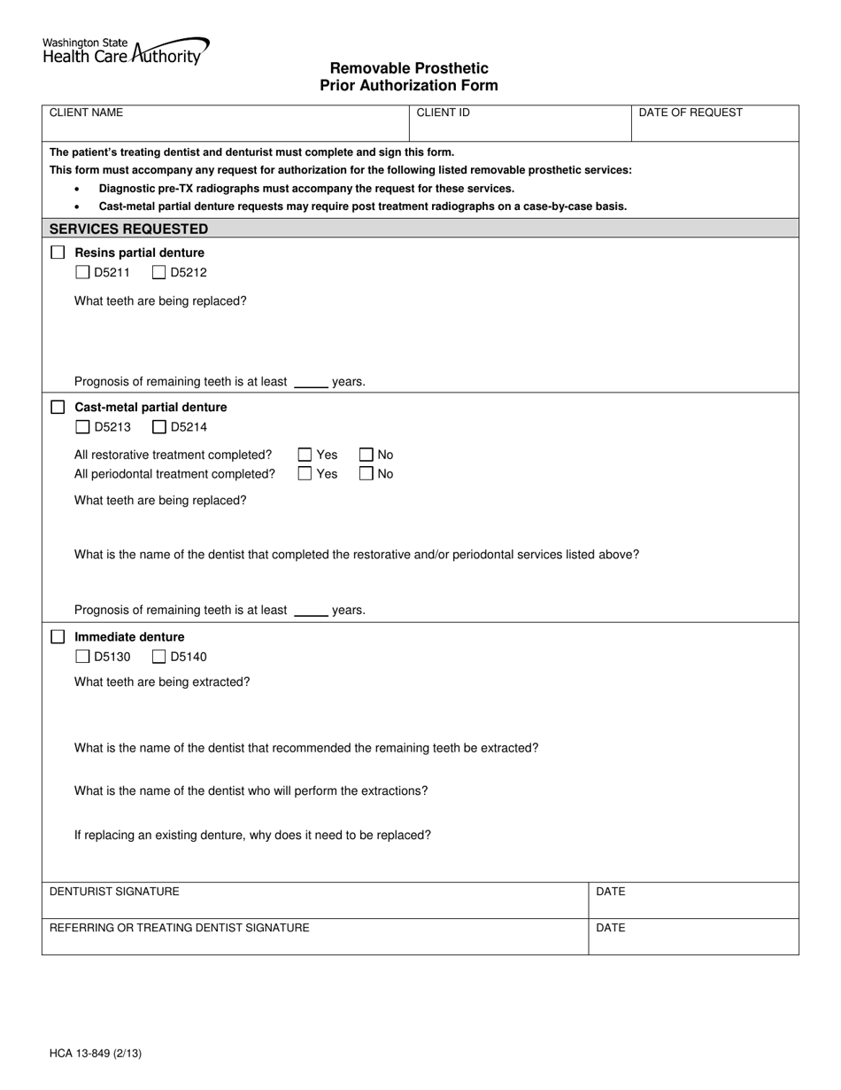 Form HCA13-849 Removable Prosthetic Prior Authorization Form - Washington, Page 1