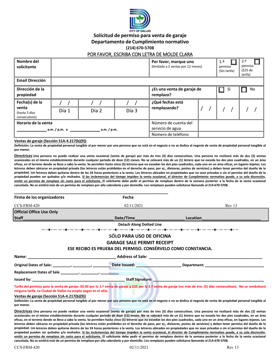 Formulario CCS-FRM-420 Solicitud De Permiso Para Venta De Garaje - City of Dallas, Texas (Spanish), Page 1