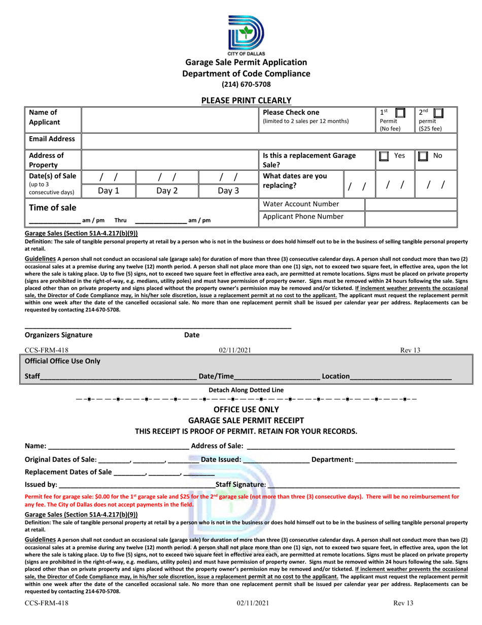 Form CCS-FRM-418 Garage Sale Permit Application - City of Dallas, Texas, Page 1
