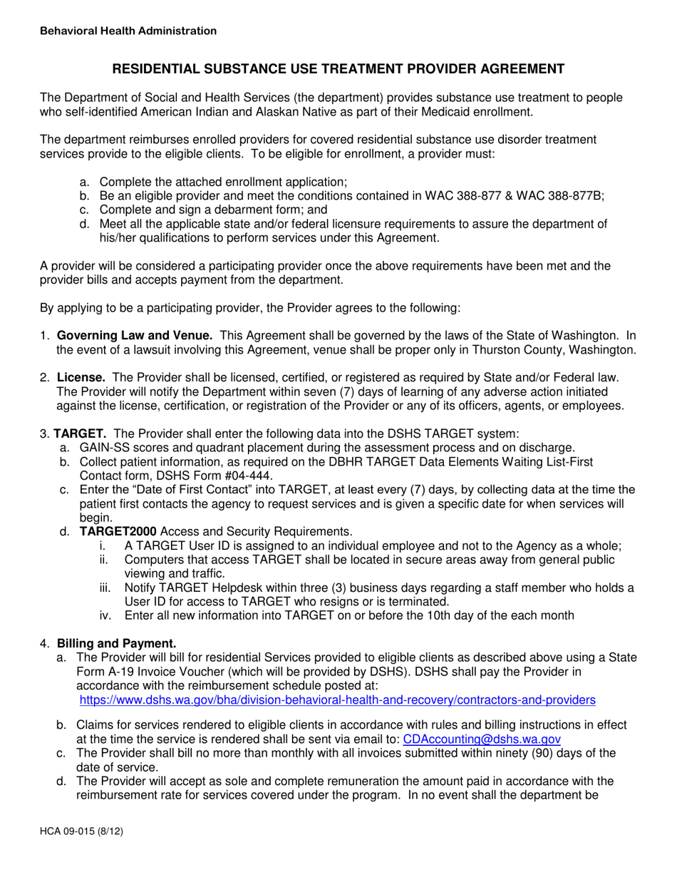 Form HCA09-015 Residential Substance Use Treatment Provider Agreement - Washington, Page 1