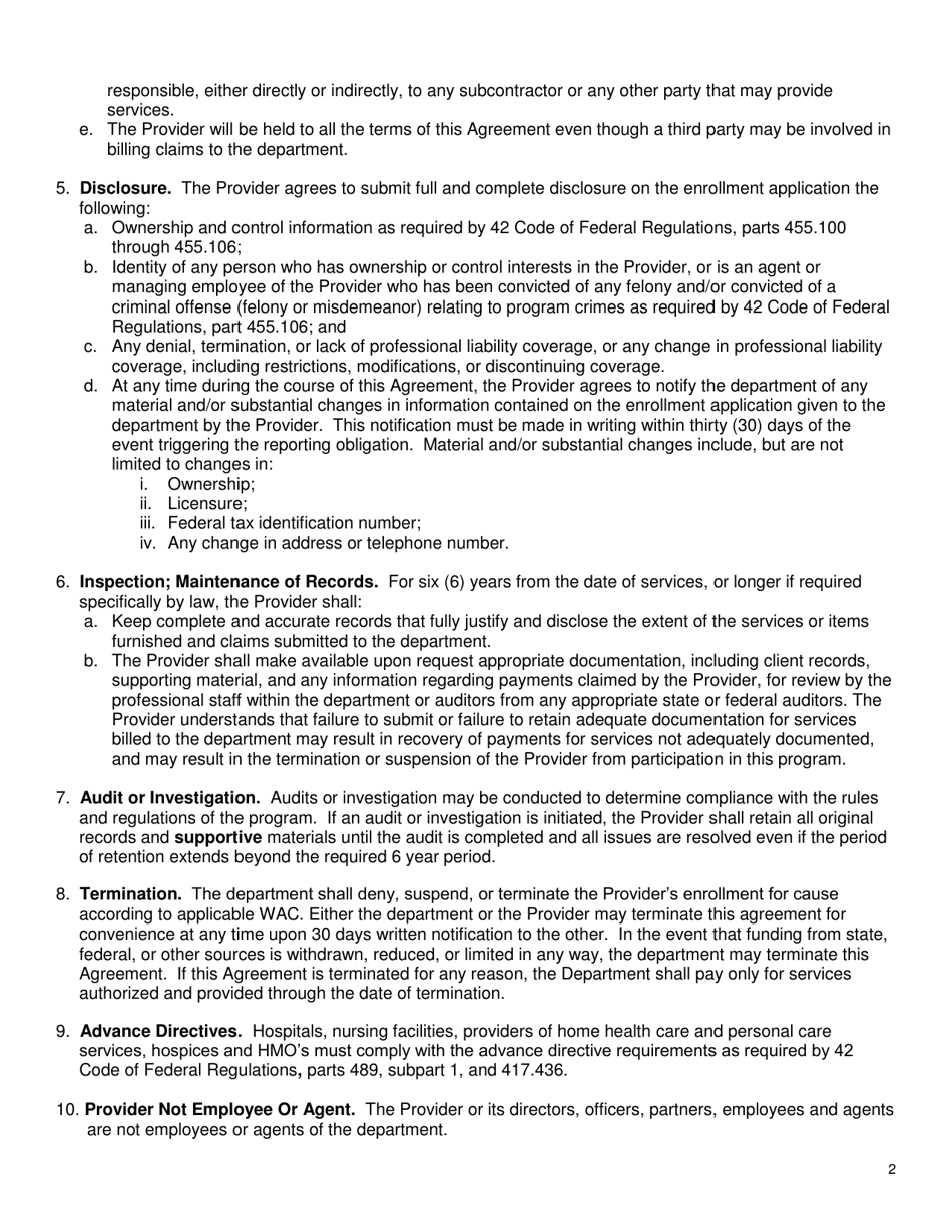 Form HCA09-015 Residential Substance Use Treatment Provider Agreement - Washington, Page 2
