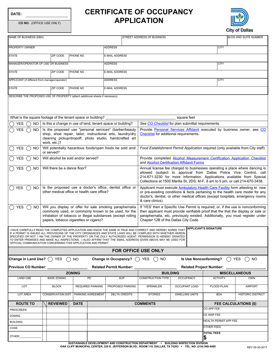 Certificate of Occupancy Application - City of Dallas, Texas, Page 1