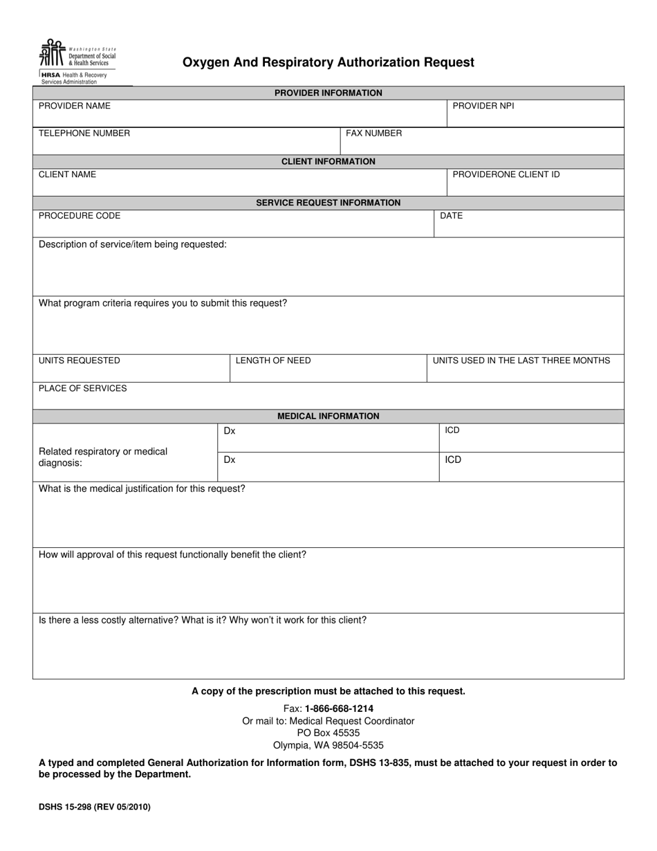 DSHS Form 15-298 Oxygen and Respiratory Authorization Request - Washington, Page 1