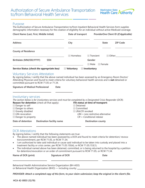 Form HCA42-0003  Printable Pdf