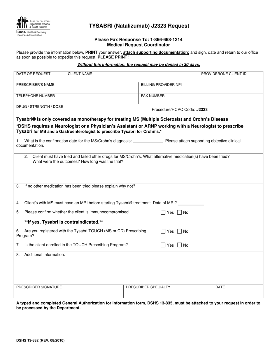 DSHS Form 13-832 Tysabri (Natalizumab) J2323 Request - Washington, Page 1