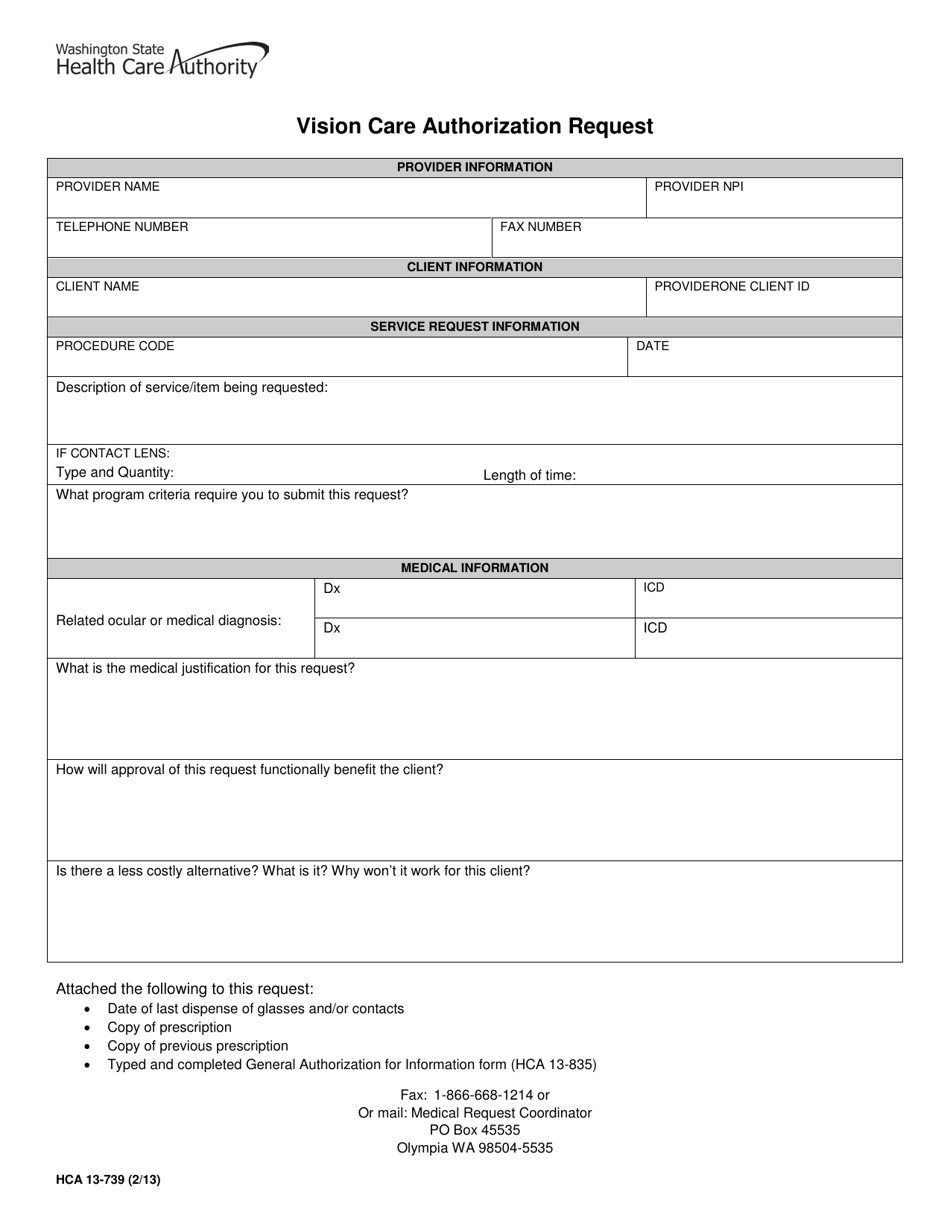 Form HCA13-739 Vision Care Authorization Request - Washington, Page 1