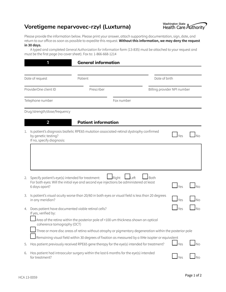 Form HCA13-0059 Voretigeme Neparvovec-Rzyl (Luxturna) Authorization Request - Washington, Page 1