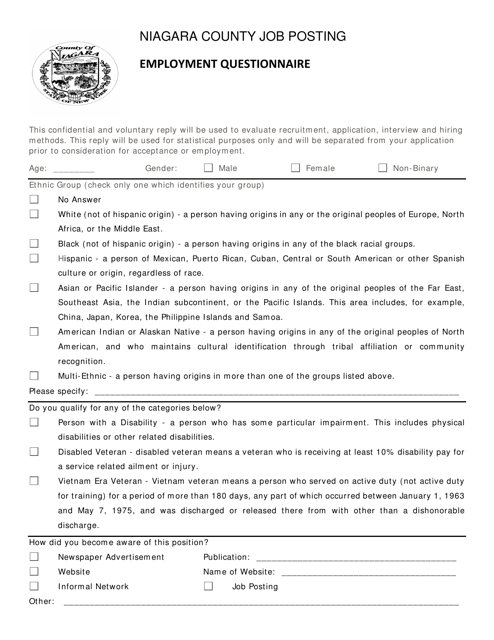 Employment Questionnaire - Niagara County, New York Download Pdf