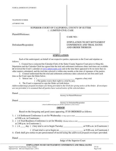 Form CV-03 Stipulation to Set Settlement Conference and Trial Dates - County of Sutter, California